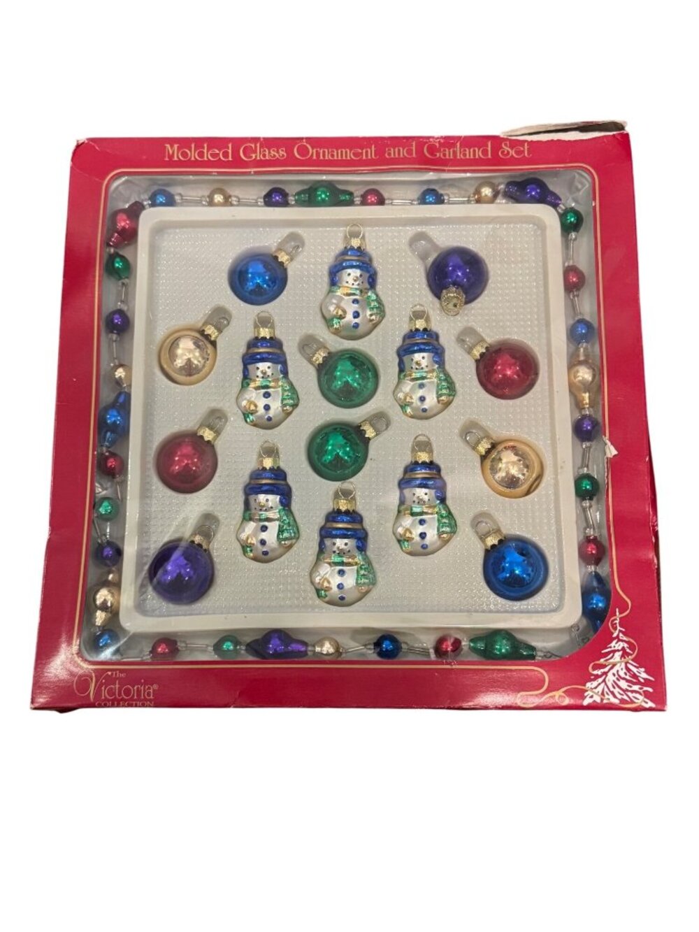 Vintage Molded Glass Snowman Ornaments & Garland Set By Victoria Collection